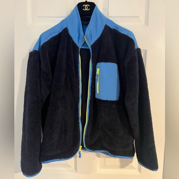 J. Crew Superplush sherpa full-zip jacket Size S color block Navy Blue Green - Picture 10 of 14